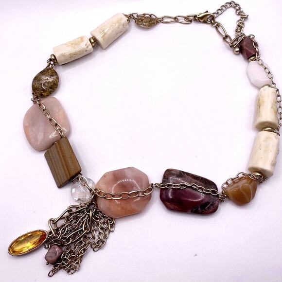 Vintage Multi Gemstones Chunky Necklace Quartz Amber 1990s 24” Pendant - Picture 4 of 5